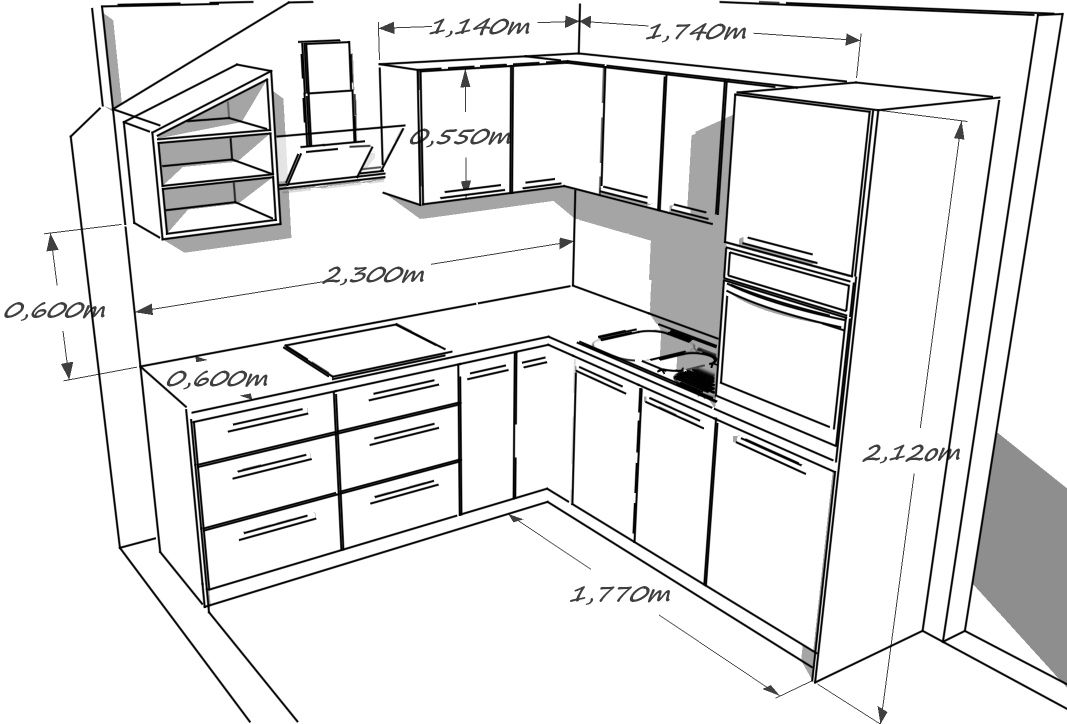Схема угловой кухни с размерами
