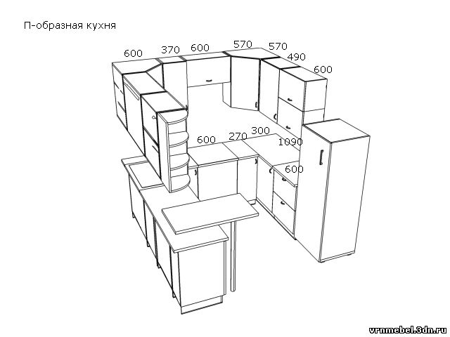 П образная кухня чертеж