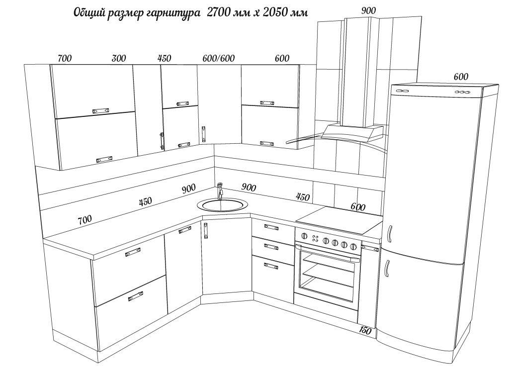 Чертеж кухни с размерами угловой
